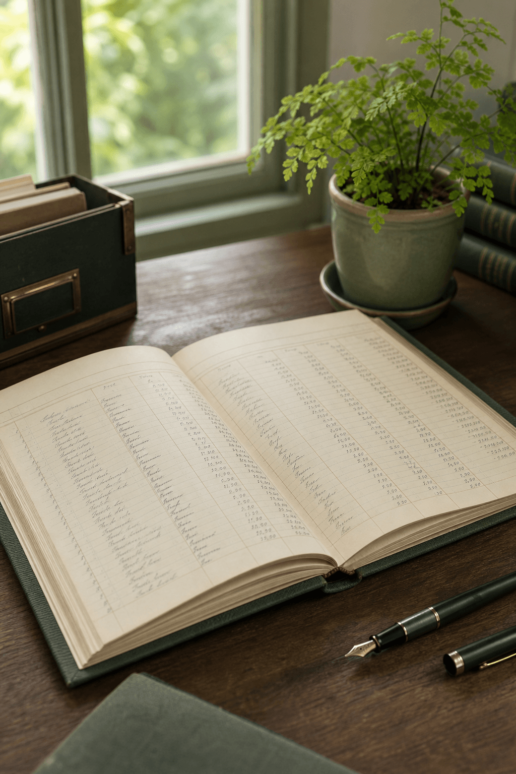 An open ledger with handwritten figures beside a fountain pen